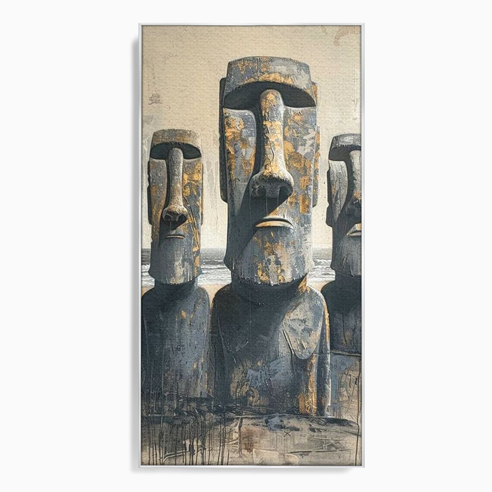 Tablou canvas cu statui moai din piatra, in rama de aluminiu argintiu